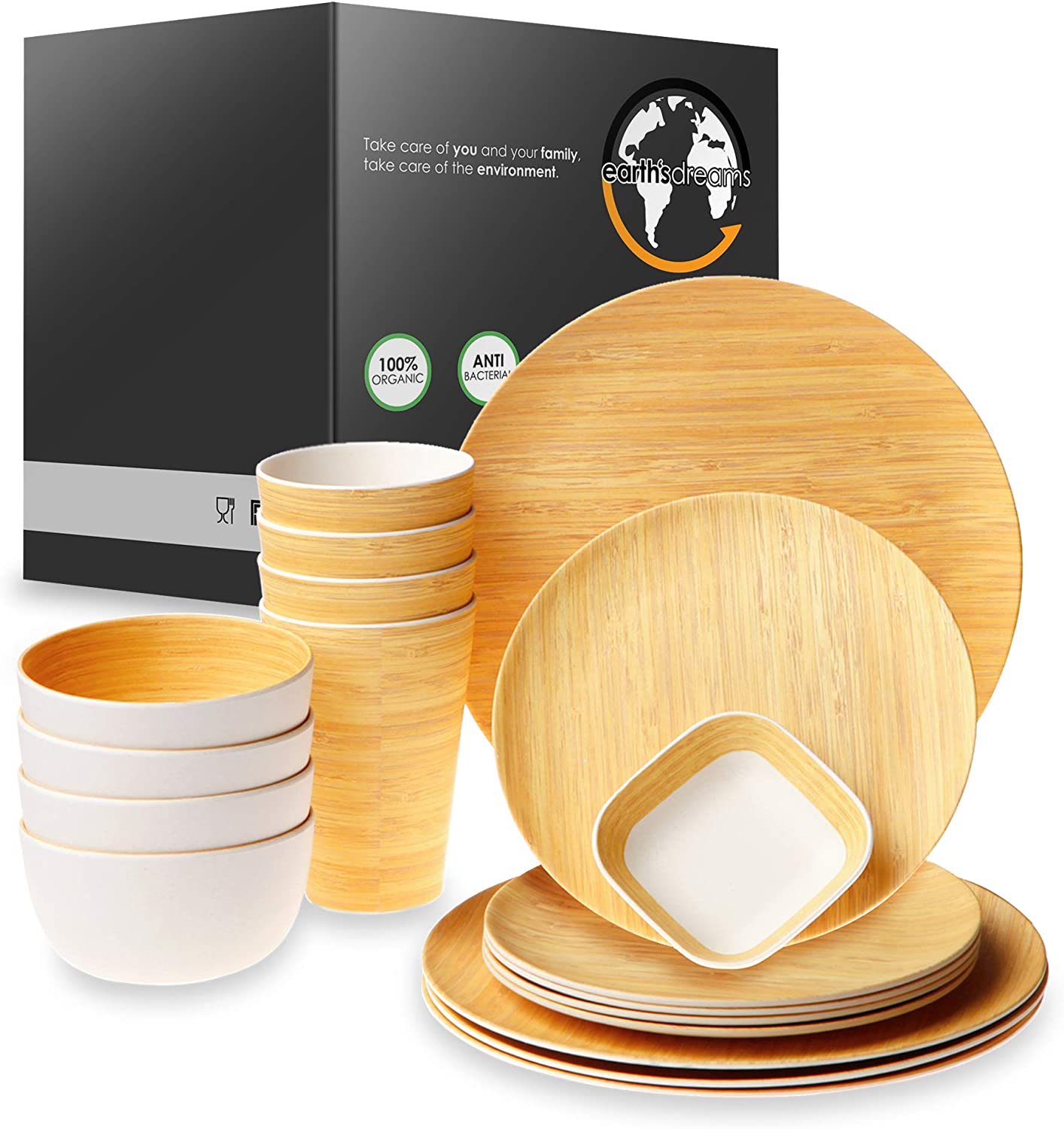 Reusable Bamboo Dinnerware Set for 4 Guests (17 Pieces)