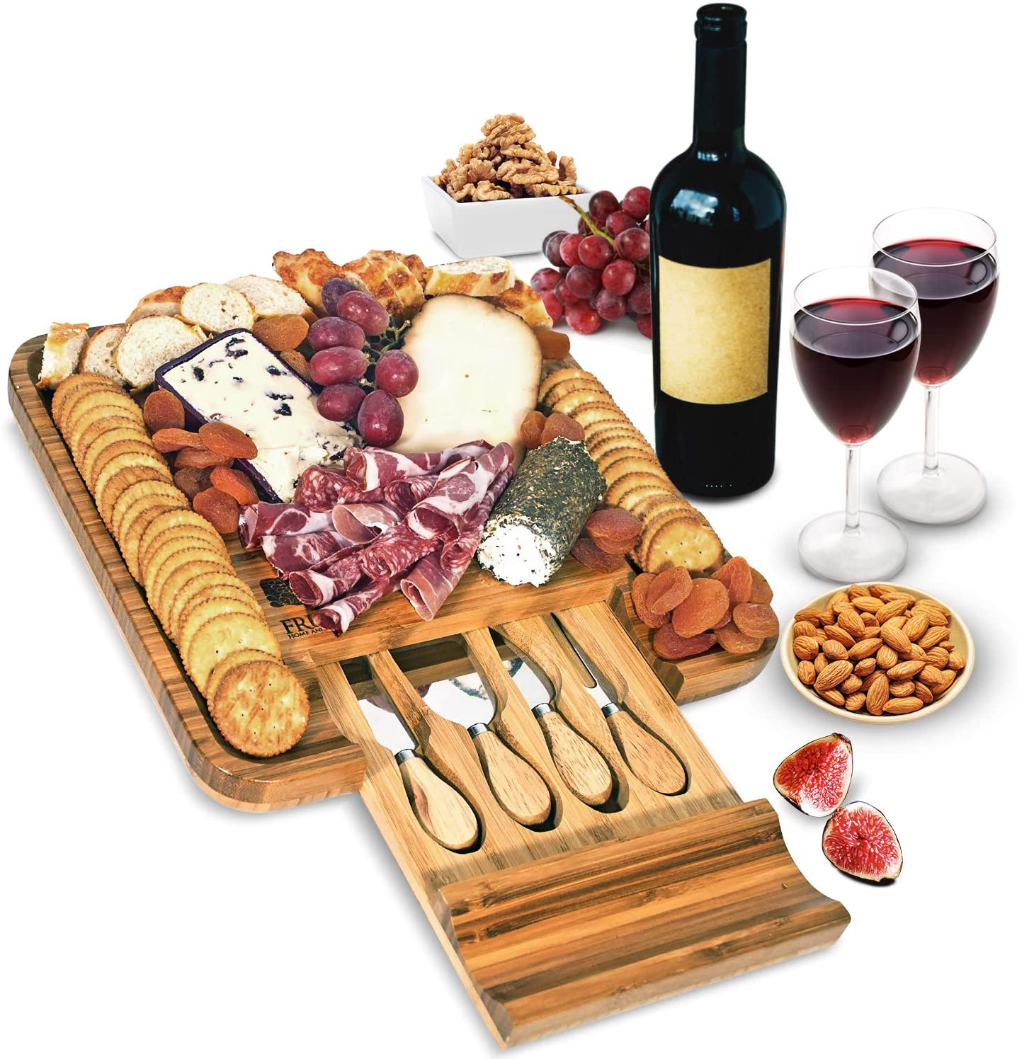 Bamboo Cheese Board and Knife Set (Wood Charcuterie Board Set)