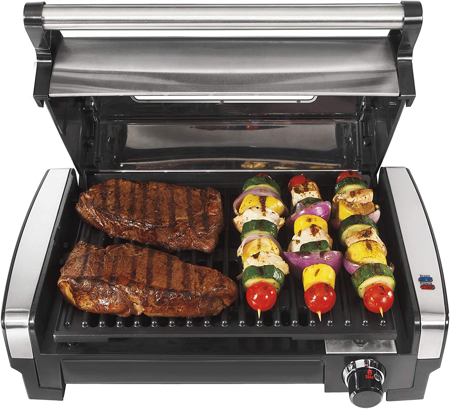 Electric Searing Indoor Grill with Viewing Window and Removable Easy-to-Clean Nonstick Plate